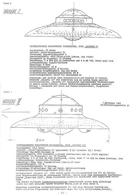 В оставленном фашистами Берлине были обнаружены чертежи летающих дисков, способных, если верить тактико-техническим характеристикам, развивать скорость до 21 тысячи километров в час и находиться в воздухе без дозаправки 55 часов.